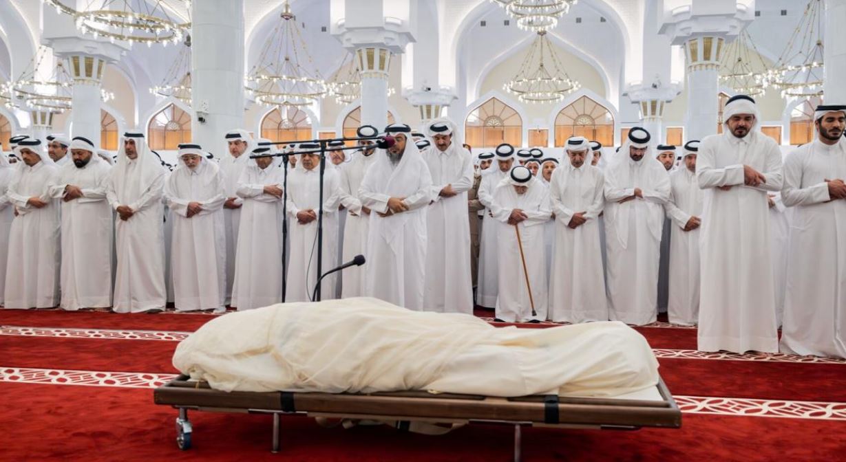 A screenshot of picture released by the Arab media offices, mourners pray over the body of Sheikh Hamad bin Khalifa Al Thani, at the Mohammed bin Abdulwahab Mosque in Doha, Qatar