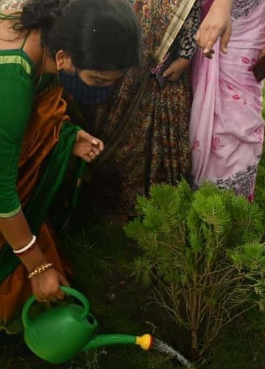 Aditi Munshi while planting and watering a sapling