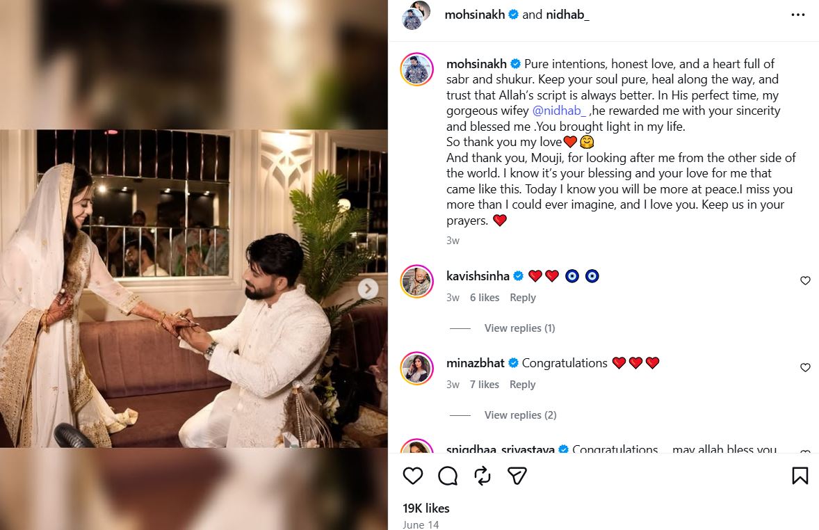 An Instagram post shared by Nidhaa Bhatt's husband after their marriage