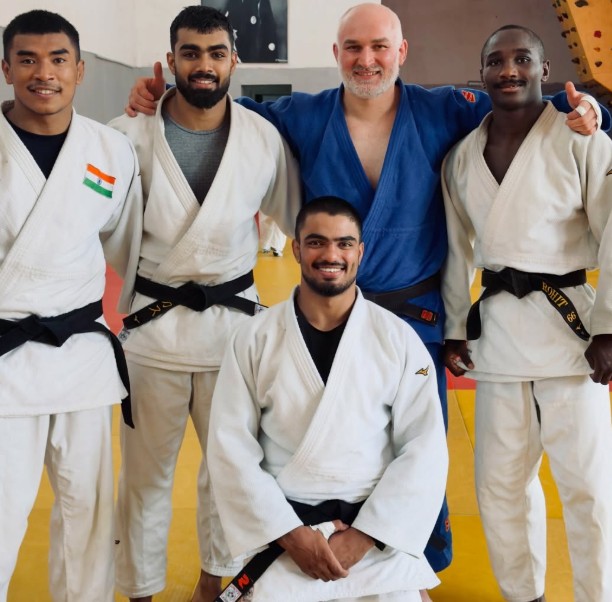 Harsh Tokas (sitting) during his training period in Georgia