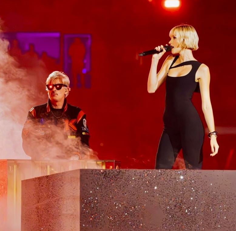 Kavinsky with Belgian singer and songwriter, Angèle, while they were performing at the closing ceremony of Paris Olympics 2024