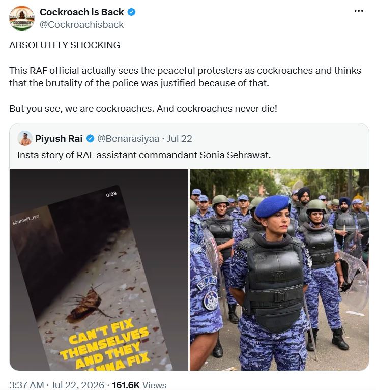 Screenshot of Cockroach Janata Party's tweet, in which they criticized Sonia Sehrawat's Instagram story