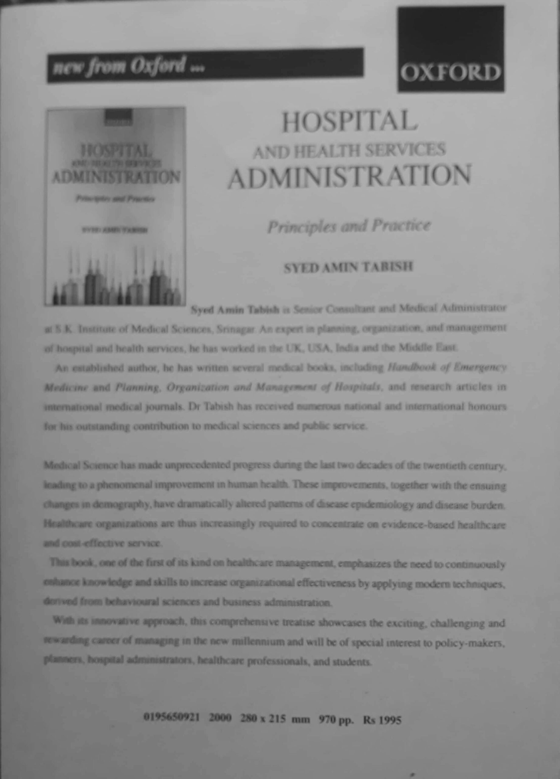 Syed Amin Tabish's paper on 'Hospital and Health Services Administration: Principles and Practice'
