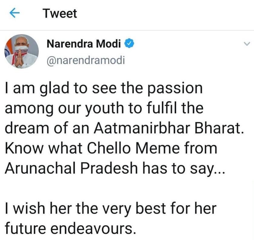 A screenshot of Prime Minister Narendar Modi's tweet about Chello Meme