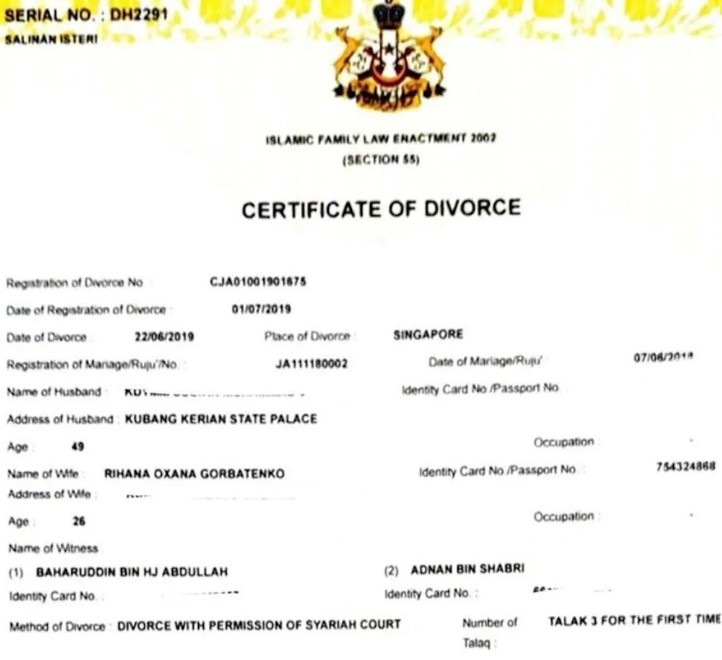 A snip of a divorce paper of Oksana Voevodina and her husband