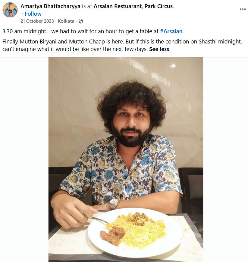 Amartya Bhattacharyya's Facebook post about having mutton biryani and mutton chaap