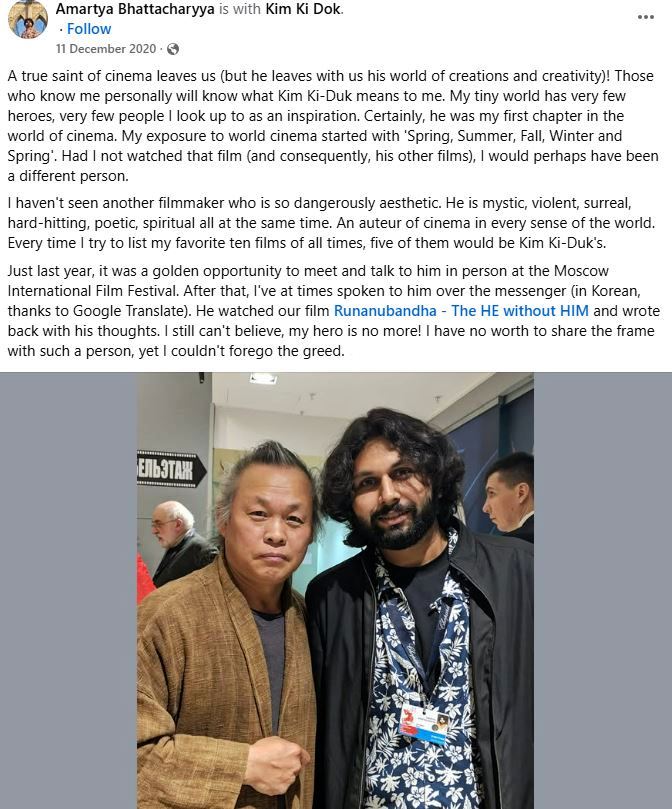 Amartya Bhattacharyya's Facebook post about his admiration for Korean filmmaker Kim Ki-duk