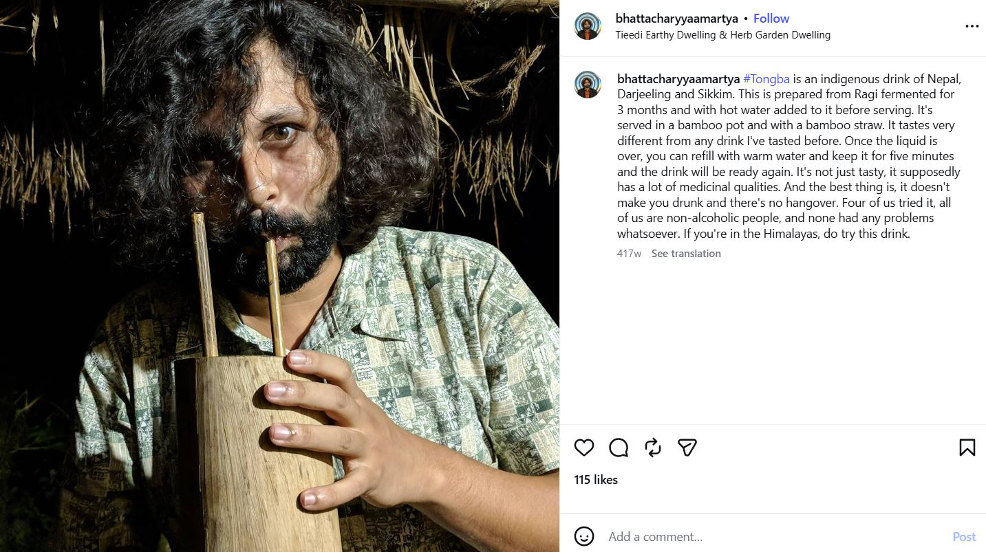 Amartya Bhattacharyya's Instagram post about trying Tongba