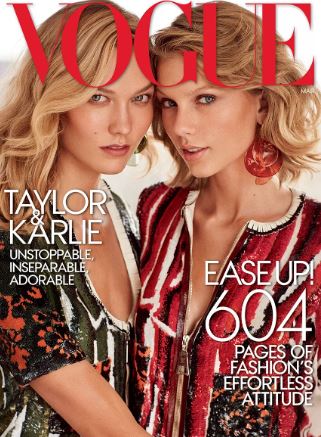 Karlie Kloss (left) with Taylor Swift (right) on the cover of American Vogue in March 2015 edition