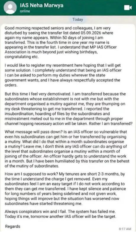 A screenshot of Neha Marvya's viral WhatsApp message, she wrote to IAS association