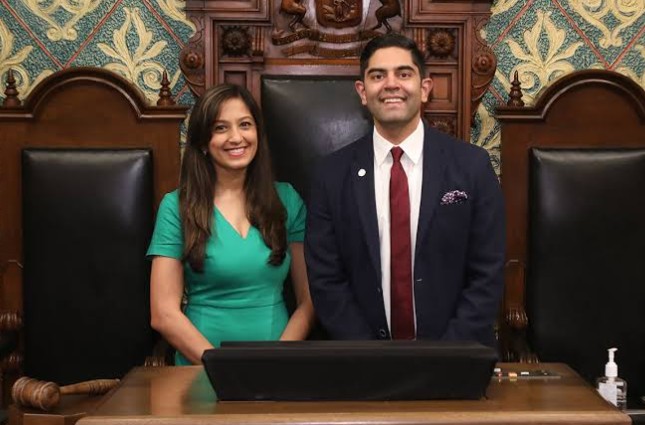 Ranjeev Puri with his wife, after becoming the first Sikh American elected to the Michigan state legislature in Michigan's political history