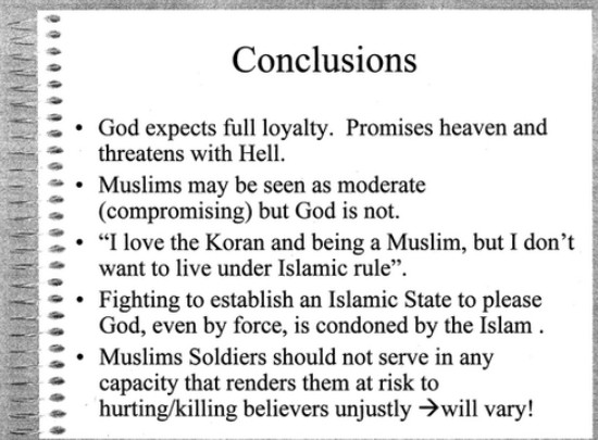 Slide 49 of 50 of The Quranic World View As It Relates to Muslims in the U.S. Military, a presentation made by Hasan during a symposium of U.S. Army physicians at WRAMC